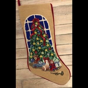 Beautiful needlepoint Christmas stocking tree toys velvet back